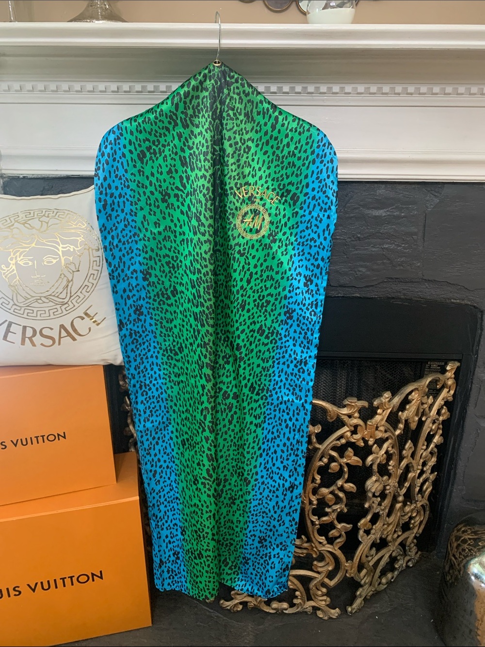 Versace Blue and Green Leopard-Print Silk Garment Bag with Gold Logo